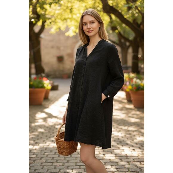 Womens Cut Loose Black Tunic Button-Up 3/4 Sleeve XL Dress Pockets EUC - Picture 1 of 15